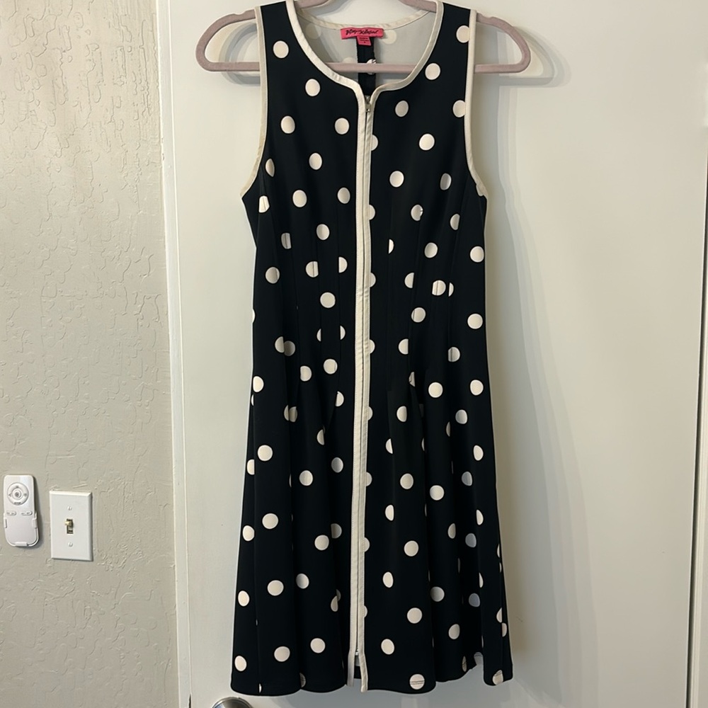 Betsey Johnson polka dot cream and black fit and flair dress with zip front.